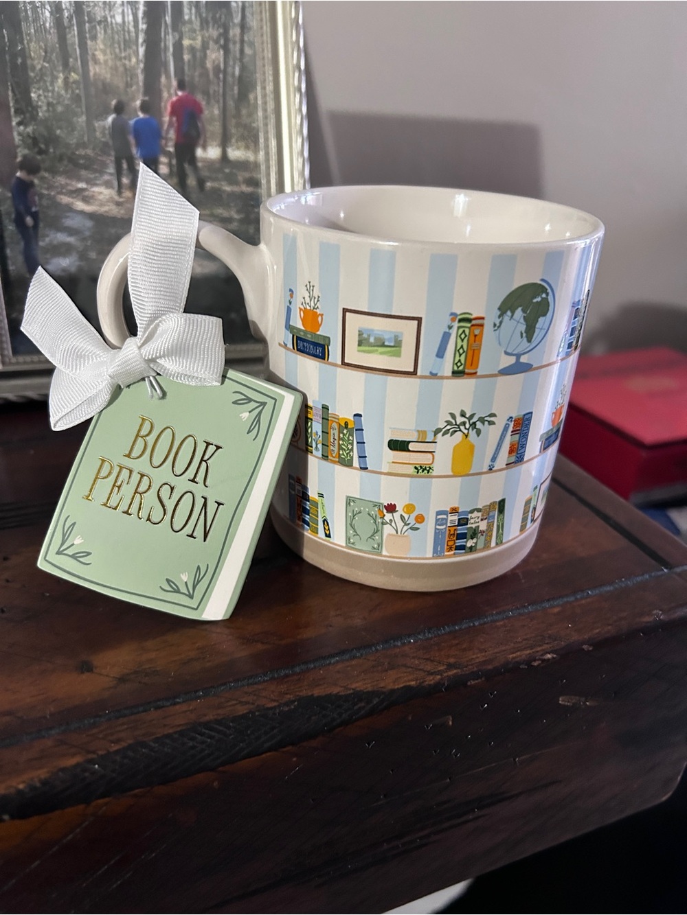 Book Person Ceramic Coffee Mug in Light Blue Stripe
